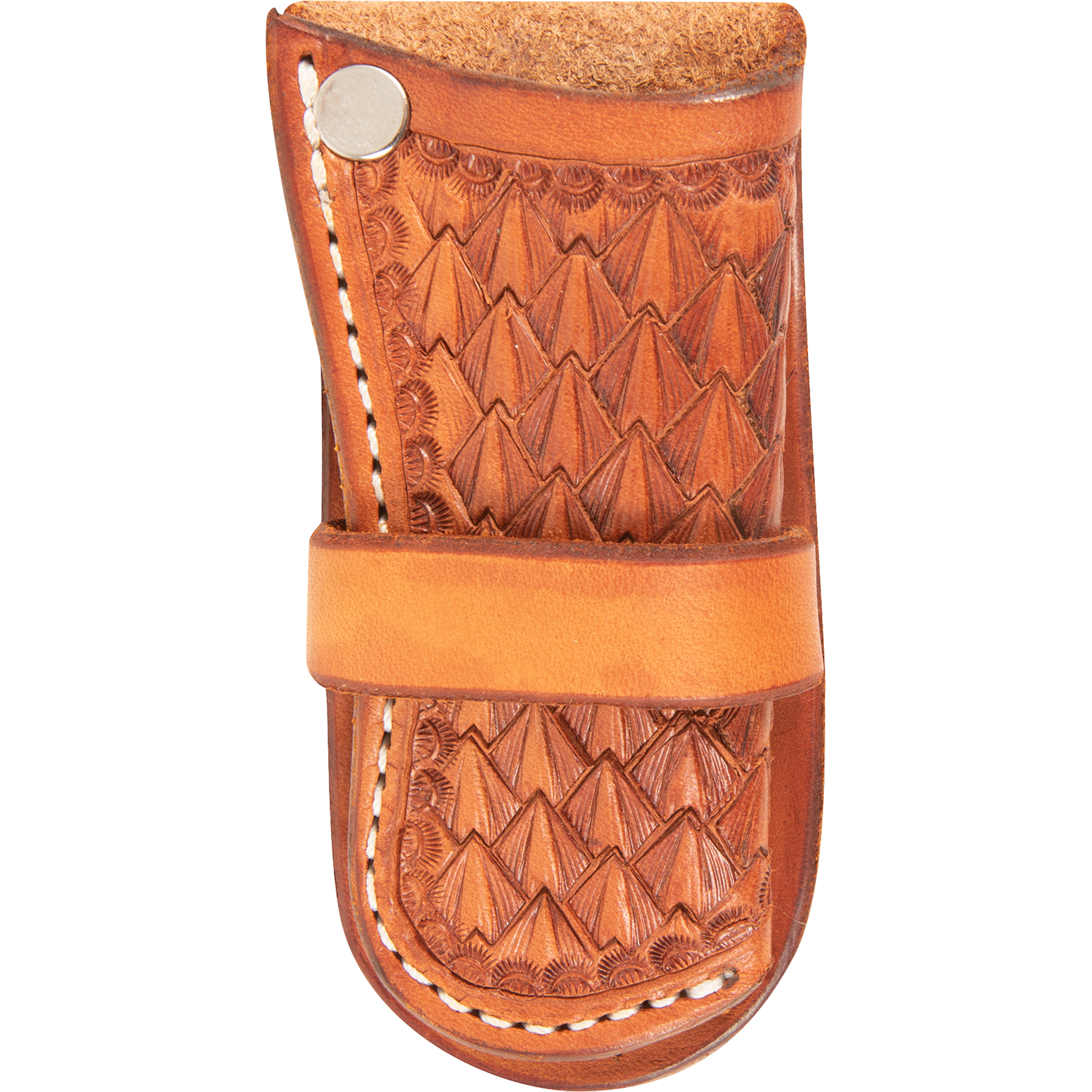 Chestnut holster knife sheath with pyramid tooling, seen from the front. A smooth leather band crosses the tooled body below a snap, and white stitching runs along one edge.