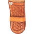Chestnut holster knife sheath with pyramid tooling, seen from the front. A smooth leather band crosses the tooled body below a snap, and white stitching runs along one edge.