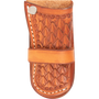 Chestnut holster knife sheath with pyramid tooling, seen from the front. A smooth leather band crosses the tooled body below a snap, and white stitching runs along one edge.