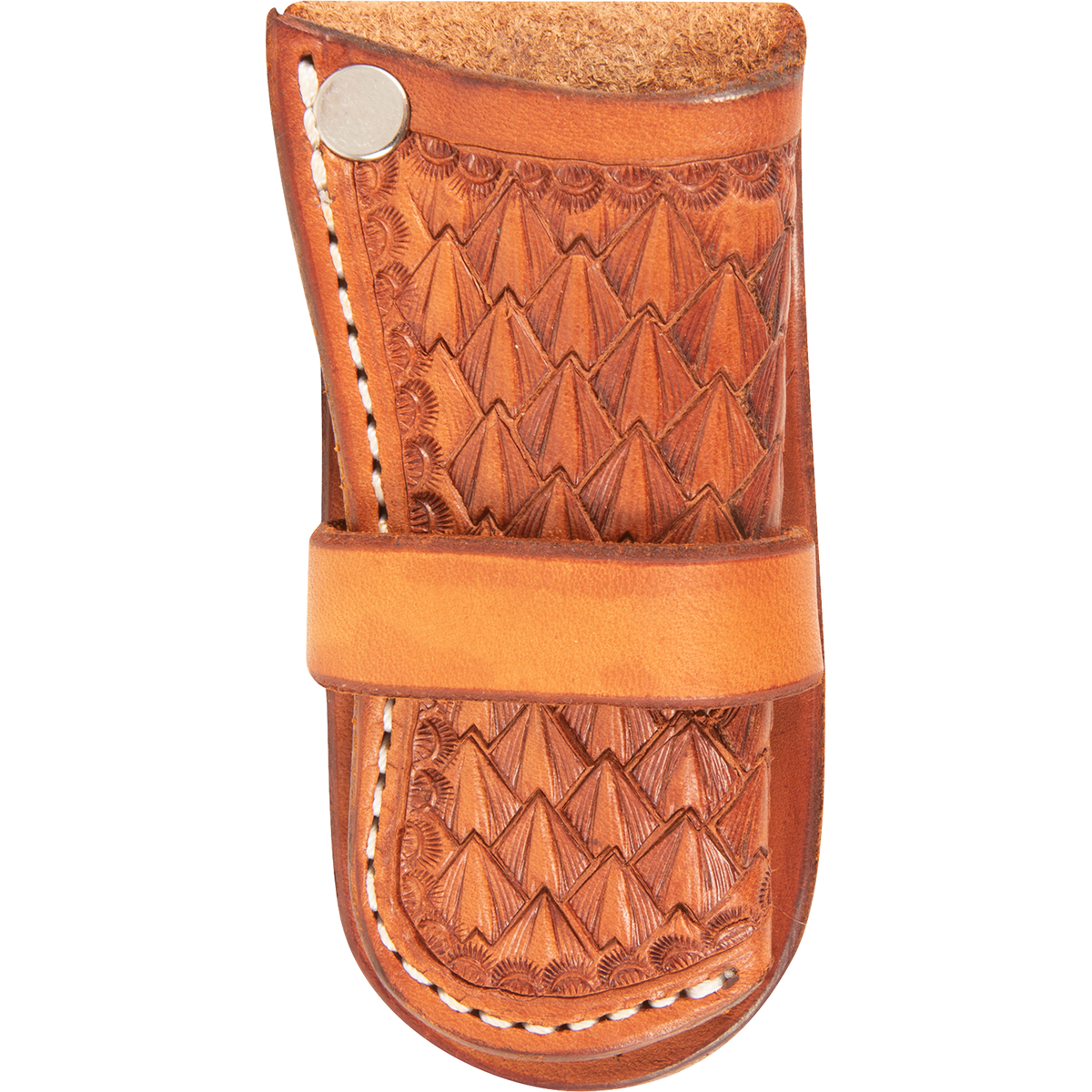 Chestnut holster knife sheath with pyramid tooling, seen from the front. A smooth leather band crosses the tooled body below a snap, and white stitching runs along one edge.