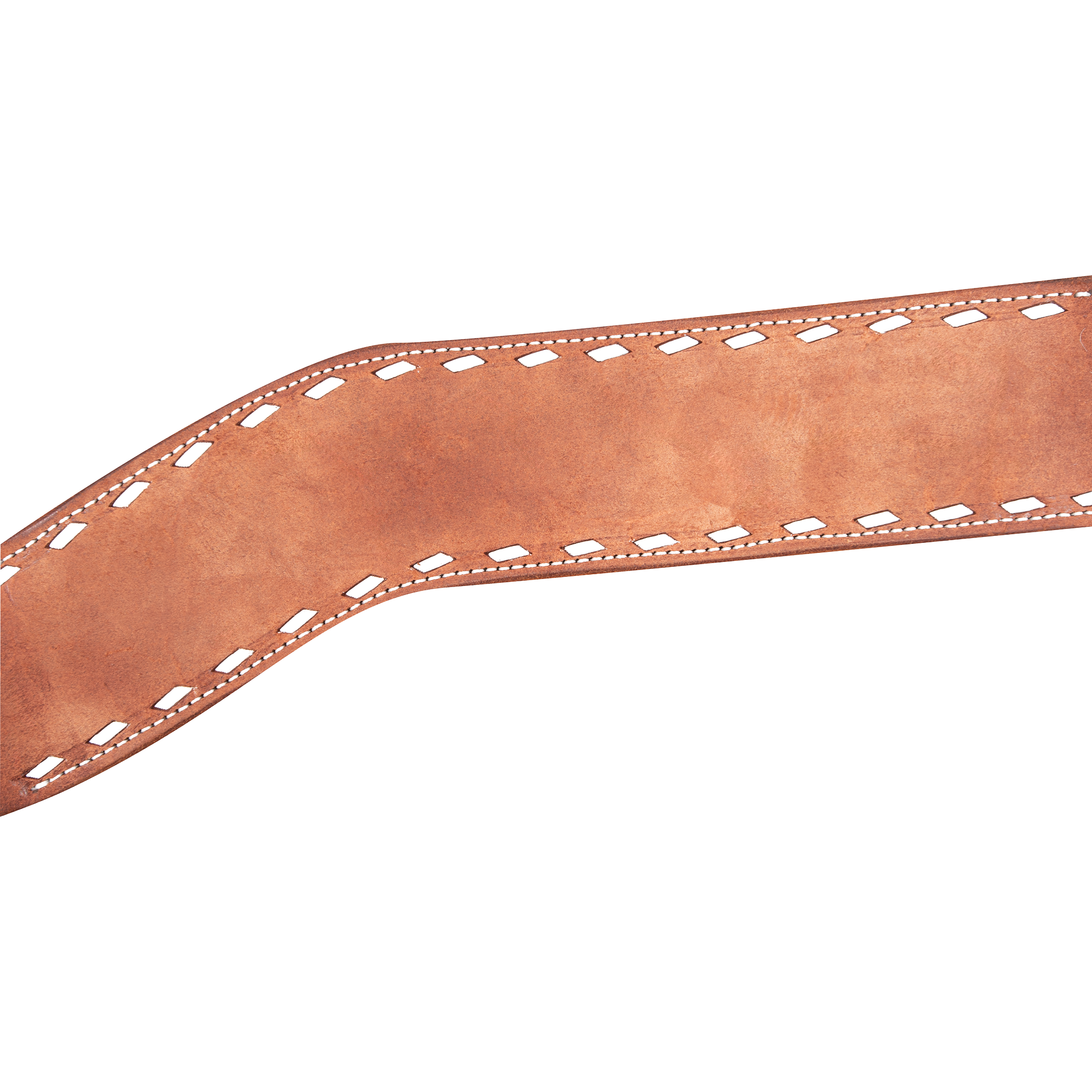 Chestnut roughout breast collar strap angled across the frame. Wide white buckstitch runs along both edges inside a line of fine stitching on this Martin Saddlery breast collar.