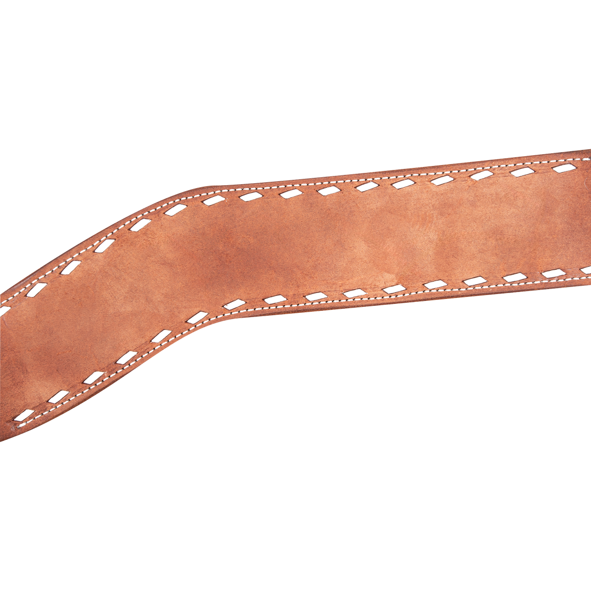 Chestnut roughout breast collar strap angled across the frame. Wide white buckstitch runs along both edges inside a line of fine stitching on this Martin Saddlery breast collar.