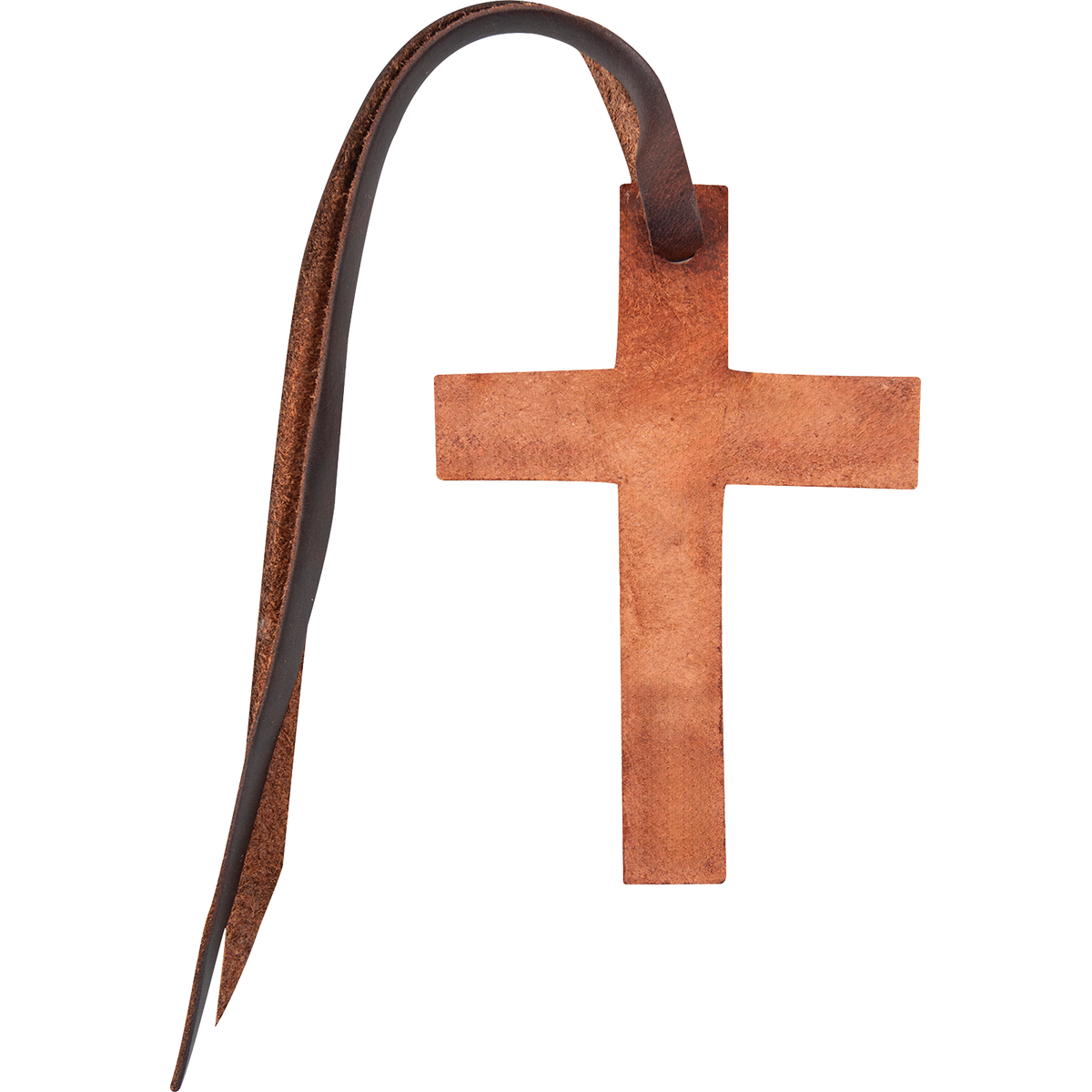 Back of a chestnut leather cross from Martin Saddlery, showing the plain rough side of the leather. A dark tie string passes through the hole at the top.