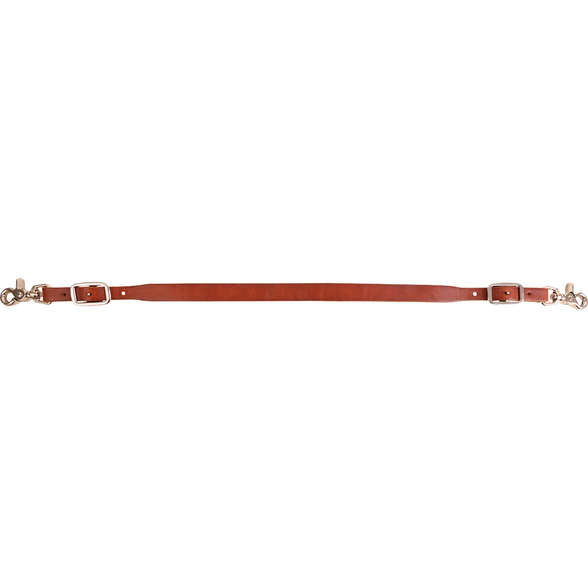 Chestnut breastcollar wither strap laid out straight and seen from the side. The Martin Saddlery leather strap has a buckle and snap at each end.