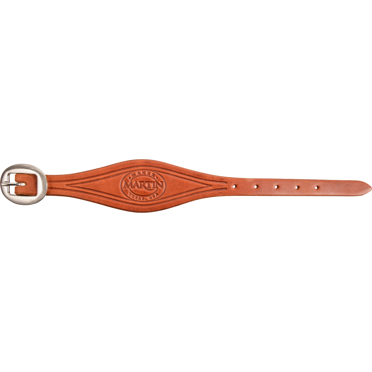 Chestnut smooth leather stirrup hobble strap from Martin Saddlery, laid flat and seen from above. The shaped strap has border lines, the Martin maker stamp and a cart buckle.