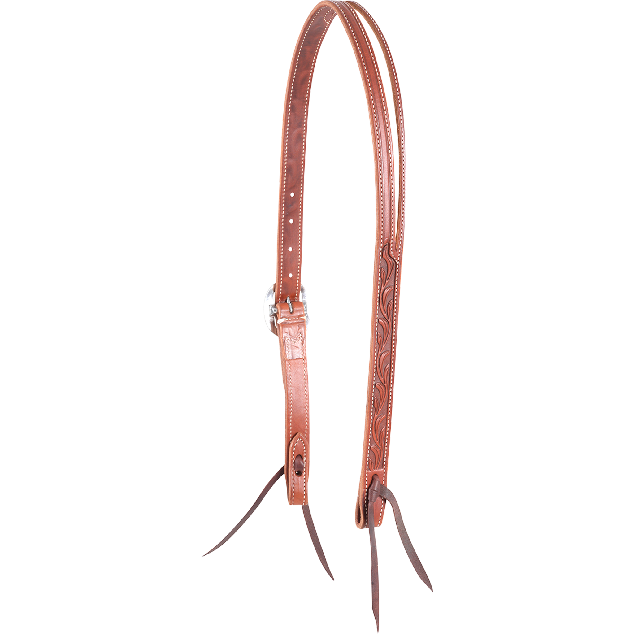 Chestnut Ranahan split ear headstall with leaf tooling, seen from the off side. White stitching borders the 3/4-inch harness leather, and the tooled cheek ends in leather bit ties opposite a cart buckle.