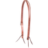 Chestnut Ranahan split ear headstall with leaf tooling, seen from the off side. White stitching borders the 3/4-inch harness leather, and the tooled cheek ends in leather bit ties opposite a cart buckle.