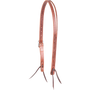 Chestnut Ranahan split ear headstall with leaf tooling, seen from the off side. White stitching borders the 3/4-inch harness leather, and the tooled cheek ends in leather bit ties opposite a cart buckle.