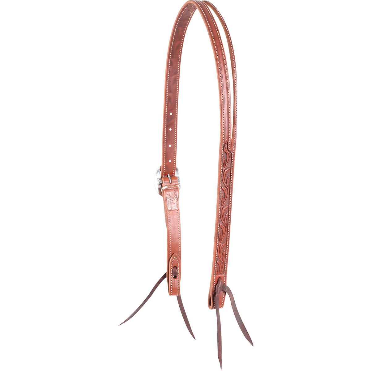 Chestnut Ranahan split ear headstall with leaf tooling, seen from the off side. White stitching borders the 3/4-inch harness leather, and the tooled cheek ends in leather bit ties opposite a cart buckle.