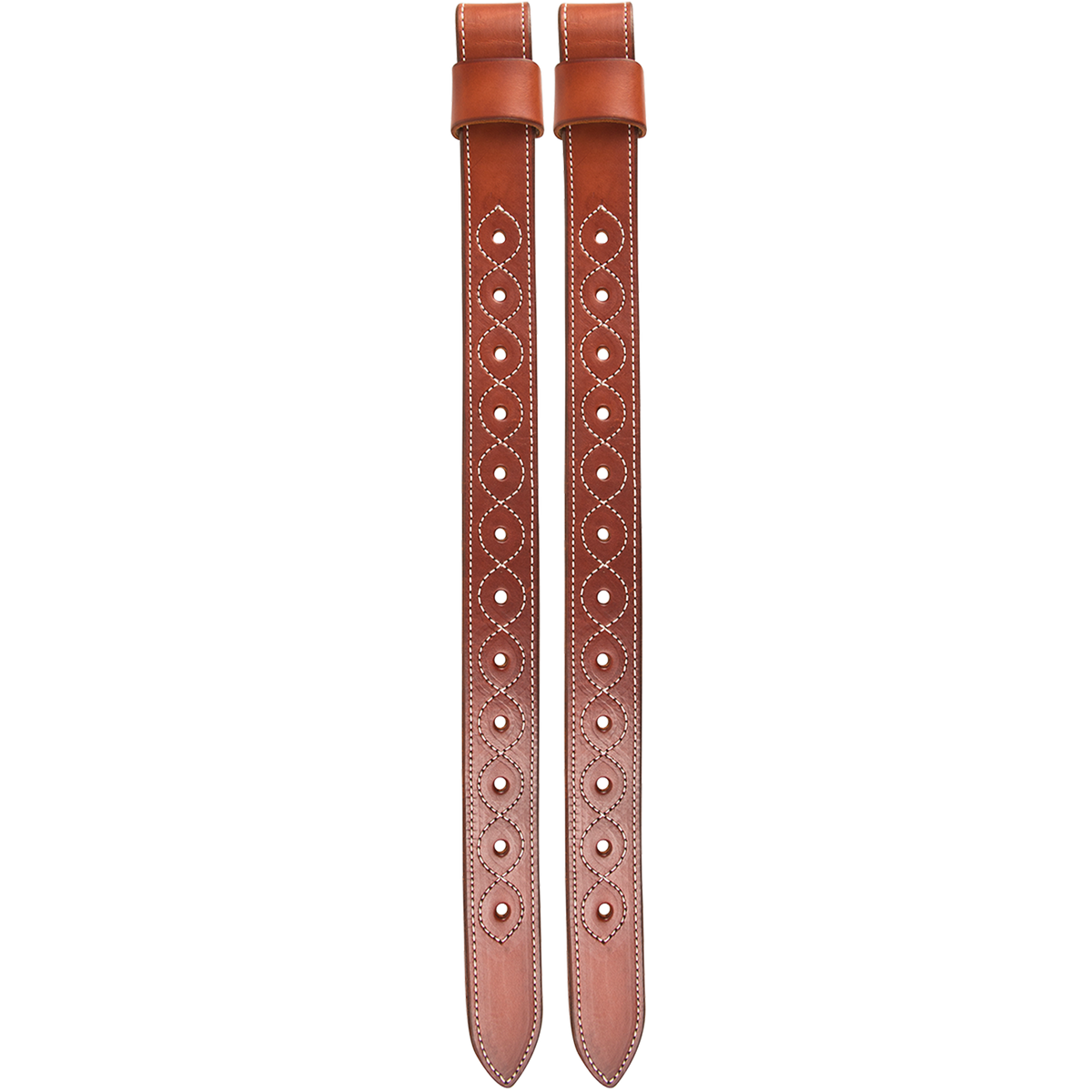 Chestnut removable flank billets from Martin Saddlery, shown as a pair. Each skirting leather billet has a leather loop at the top and adjustment holes framed by white stitching.