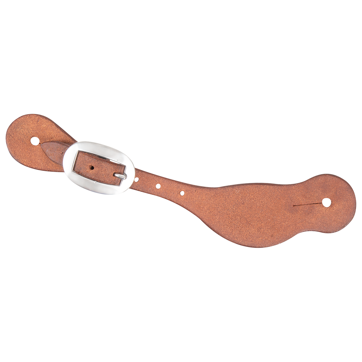 Chestnut roughout Alpine spur strap, seen from above. The plain roughout leather has a stainless steel buckle and a slotted hole at each end.