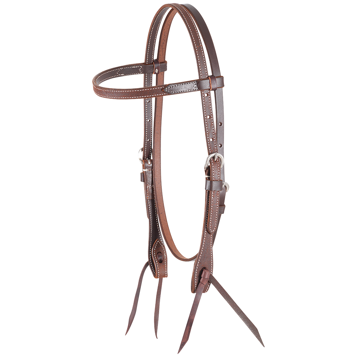 Chestnut roughout browband headstall from Martin Saddlery, seen from the front quarter. The 5/8-inch roughout skirting leather straps have stainless steel buckles for length adjustment and bit ties at the ends.