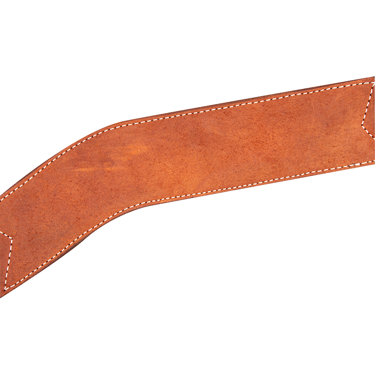 Chestnut roughout leather breast collar strap angled across the frame. White stitching outlines the wide Martin Saddlery strap, and the roughout surface shows natural variation in tone.