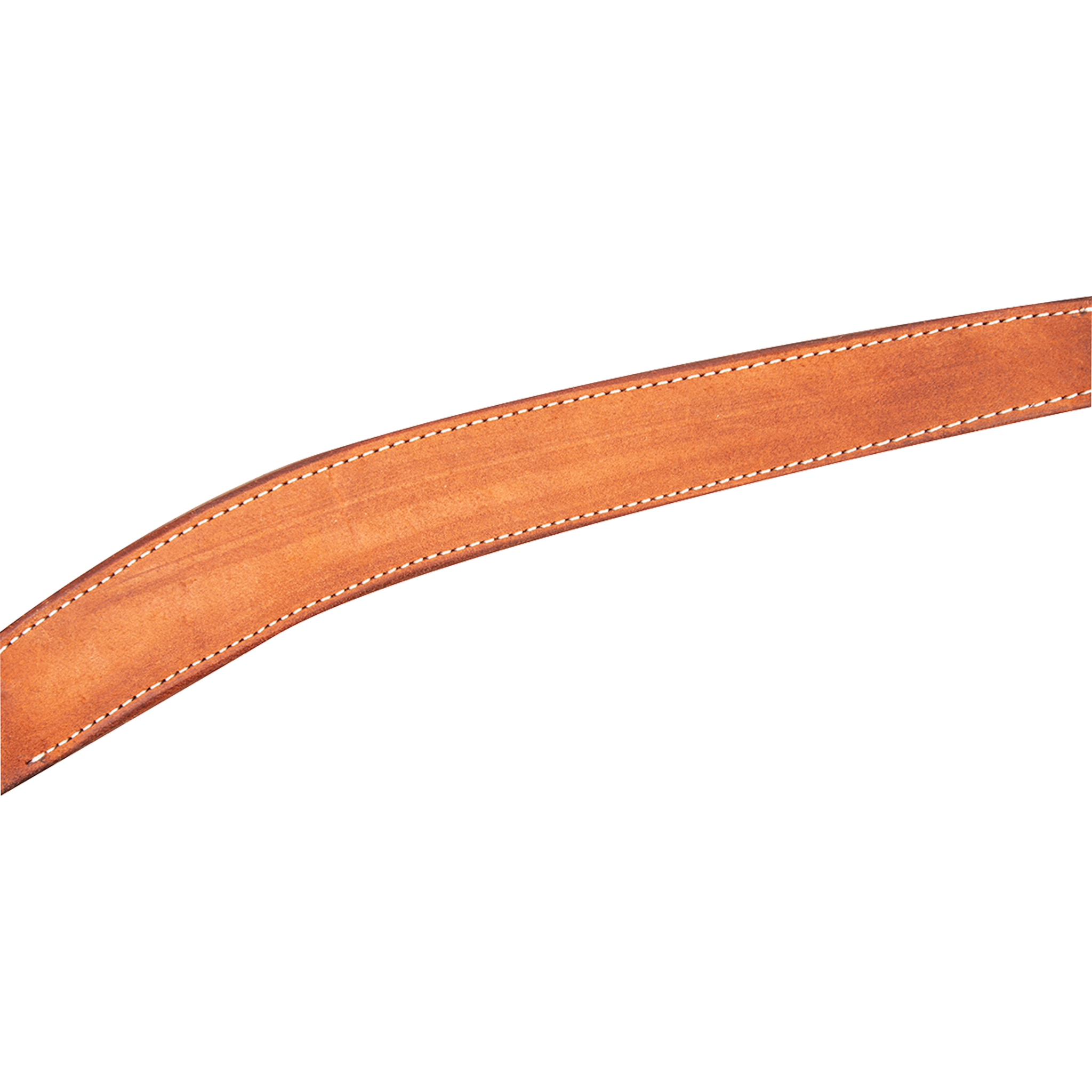 Chestnut roughout leather breast collar strap curving across the frame. White stitching runs along both edges of the Martin Saddlery strap, and the roughout surface shows natural variation in tone.