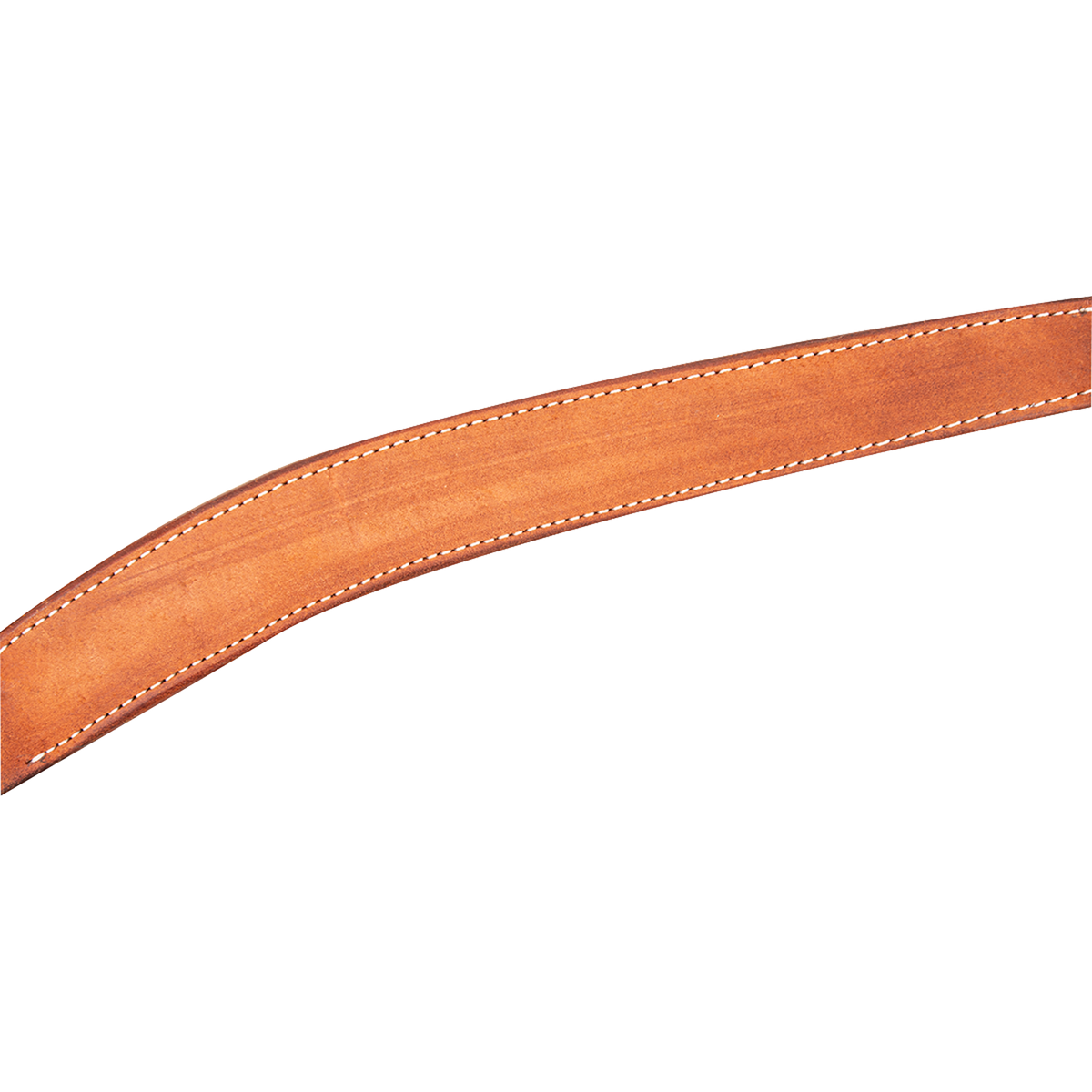 Chestnut roughout leather breast collar strap curving across the frame. White stitching runs along both edges of the Martin Saddlery strap, and the roughout surface shows natural variation in tone.