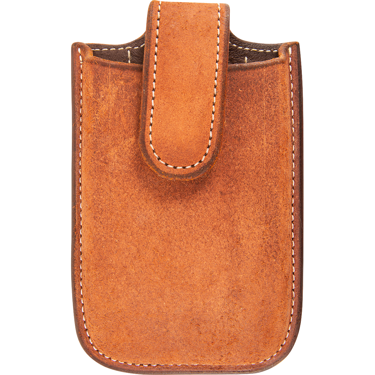 Chestnut roughout leather smartphone holder from Martin Saddlery, seen from the front. White stitching edges the pouch and the closure flap that folds over the top.