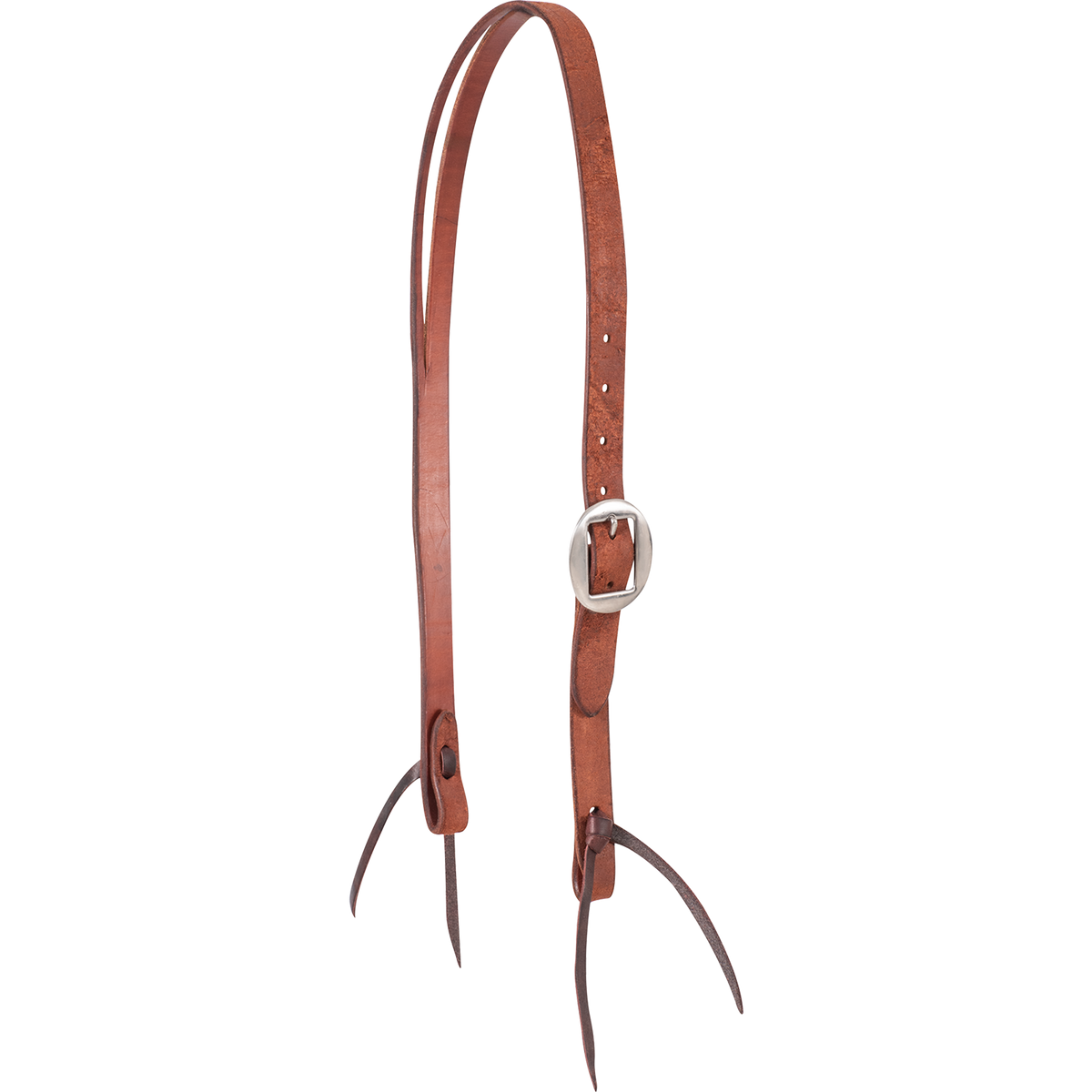 Chestnut roughout Ranahan headstall from Martin Saddlery, seen from the front quarter. A cart buckle adjusts the cheek of the 3/4-inch strap, with latigo bit ties at both ends.