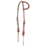 Chestnut roughout slip ear headstall from Martin Saddlery, seen from the front quarter. The roughout skirting leather has a stitched ear loop, buckles at the cheeks and bit ties.