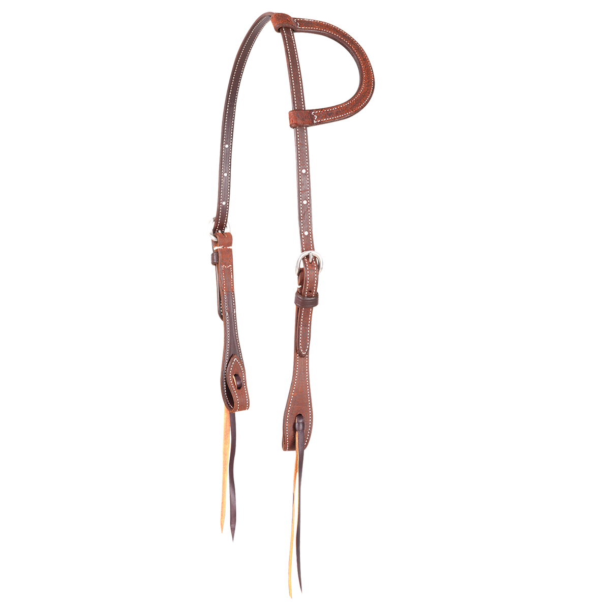 Chestnut roughout slip ear headstall from Martin Saddlery, seen from the front quarter. The roughout skirting leather has a stitched ear loop, buckles at the cheeks and bit ties.