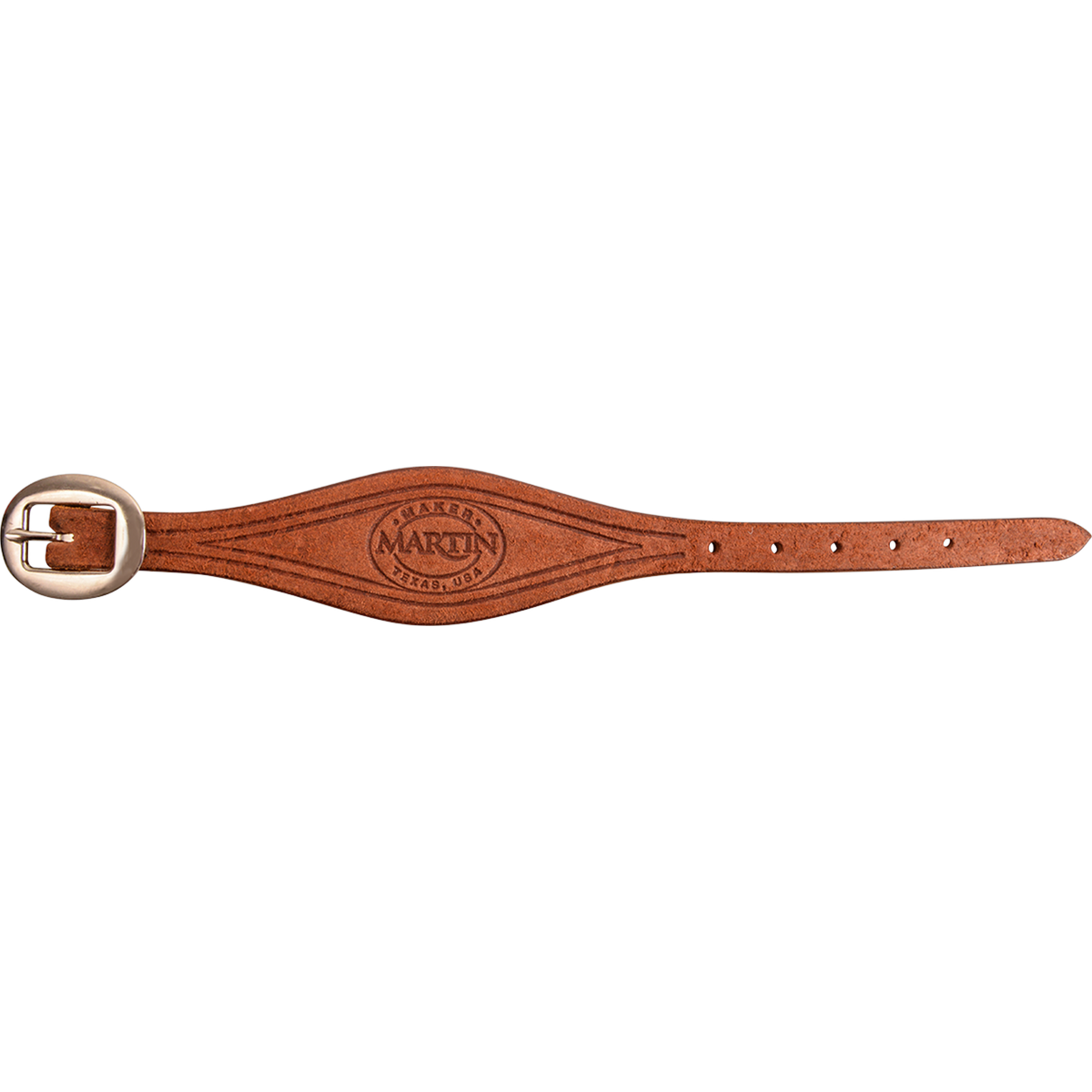 Chestnut roughout stirrup hobble strap from Martin Saddlery, laid flat and seen from above. The shaped roughout strap carries the Martin maker stamp and a cart buckle at one end.