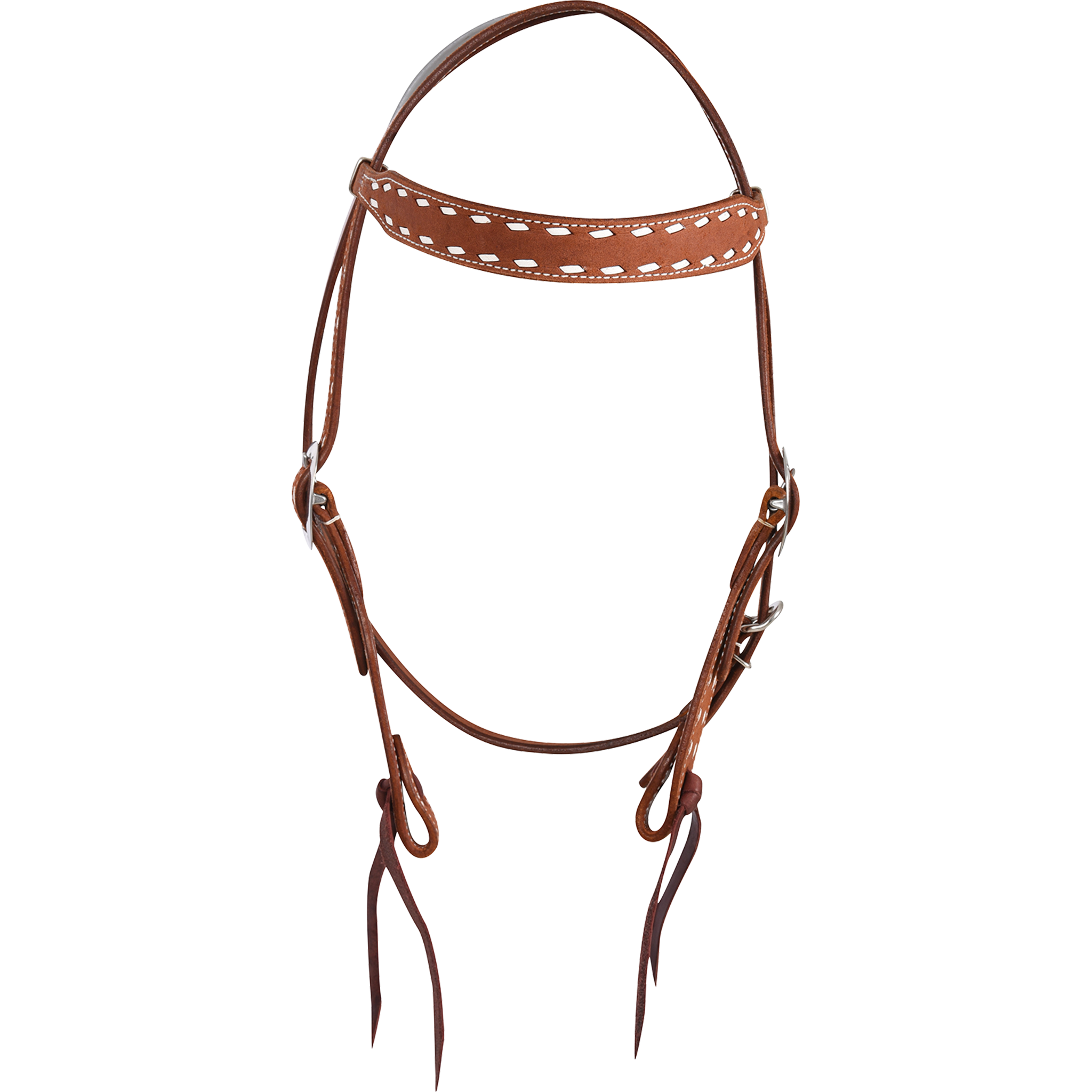 Chestnut roughout headstall with buckstitch, seen from the front. The buckstitched browband sits above cheeks with cart buckles and latigo bit ties on this Martin Saddlery western headstall.
