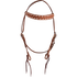 Chestnut roughout headstall with buckstitch, seen from the front. The buckstitched browband sits above cheeks with cart buckles and latigo bit ties on this Martin Saddlery western headstall.