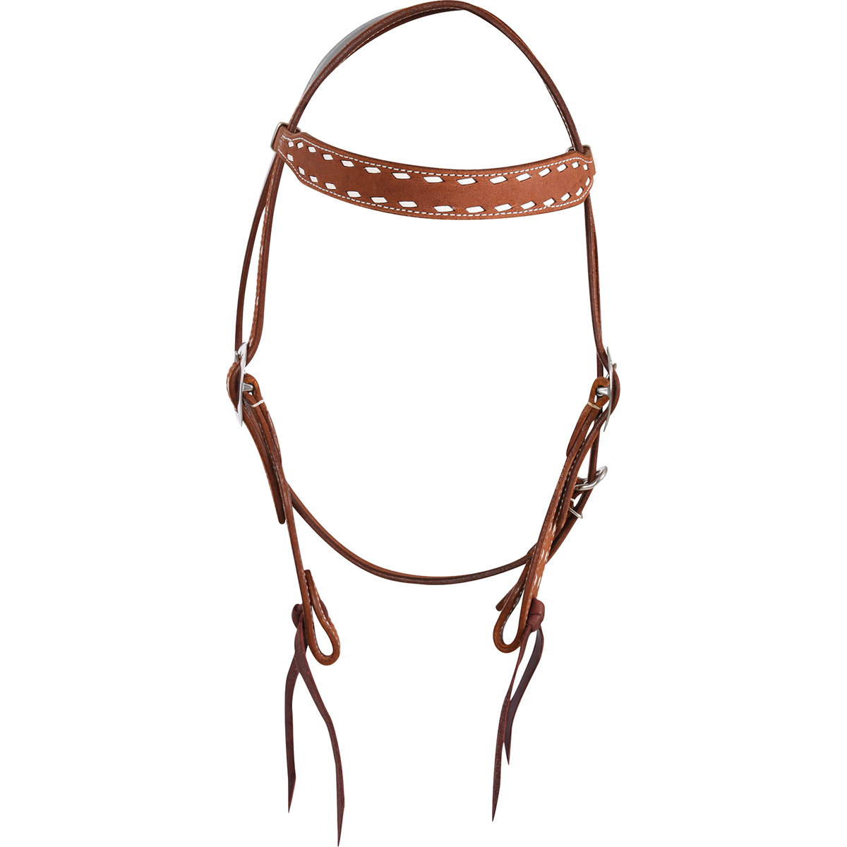Chestnut roughout headstall with buckstitch, seen from the front. The buckstitched browband sits above cheeks with cart buckles and latigo bit ties on this Martin Saddlery western headstall.