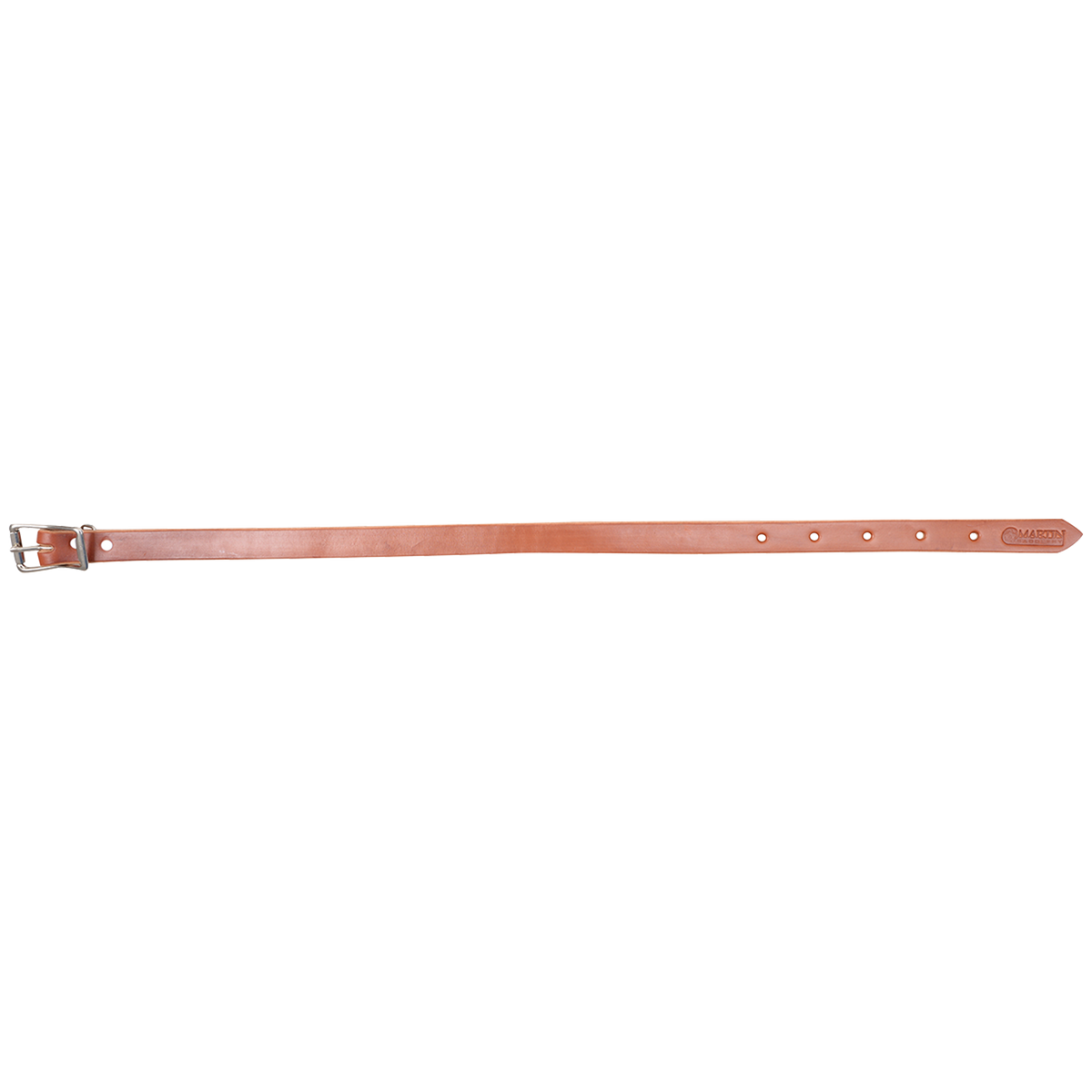 Chestnut skirting leather breastcollar tug, laid out straight and seen from above. The 1-inch strap has a buckle at one end and a row of adjustment holes toward the pointed tip.