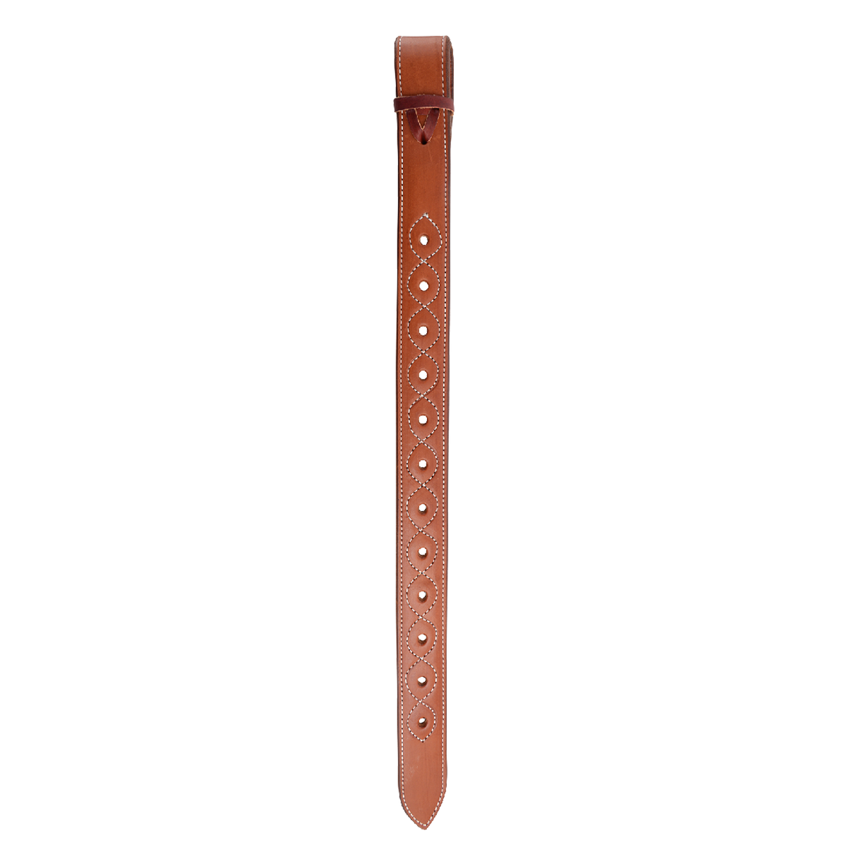 Chestnut extra strong flank billet hanging straight. White stitching frames the adjustment holes down this Martin Saddlery skirting leather billet.