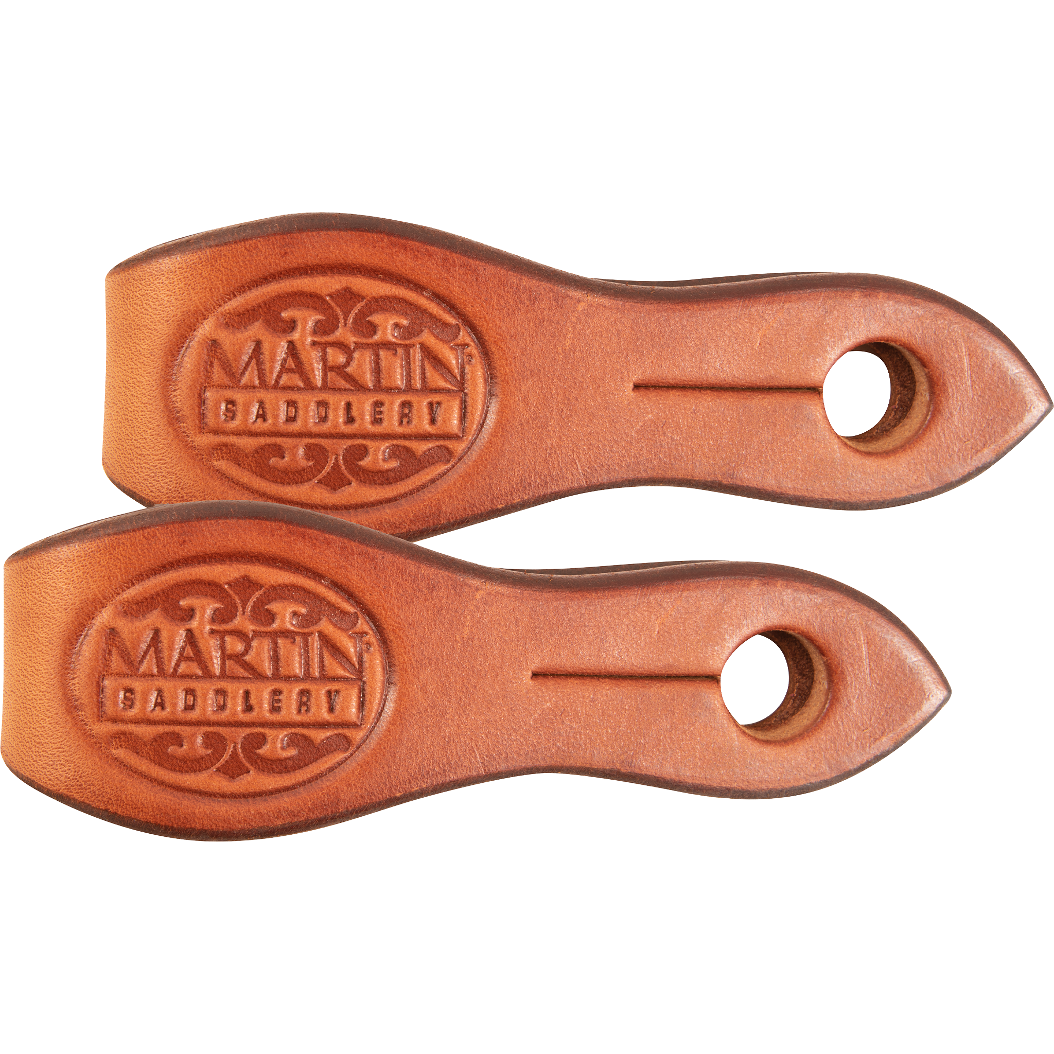 Medium chestnut slobber straps, laid side by side and seen from above. The Martin Saddlery stamp sits on the wide end of each strap, with a slotted hole at the point.