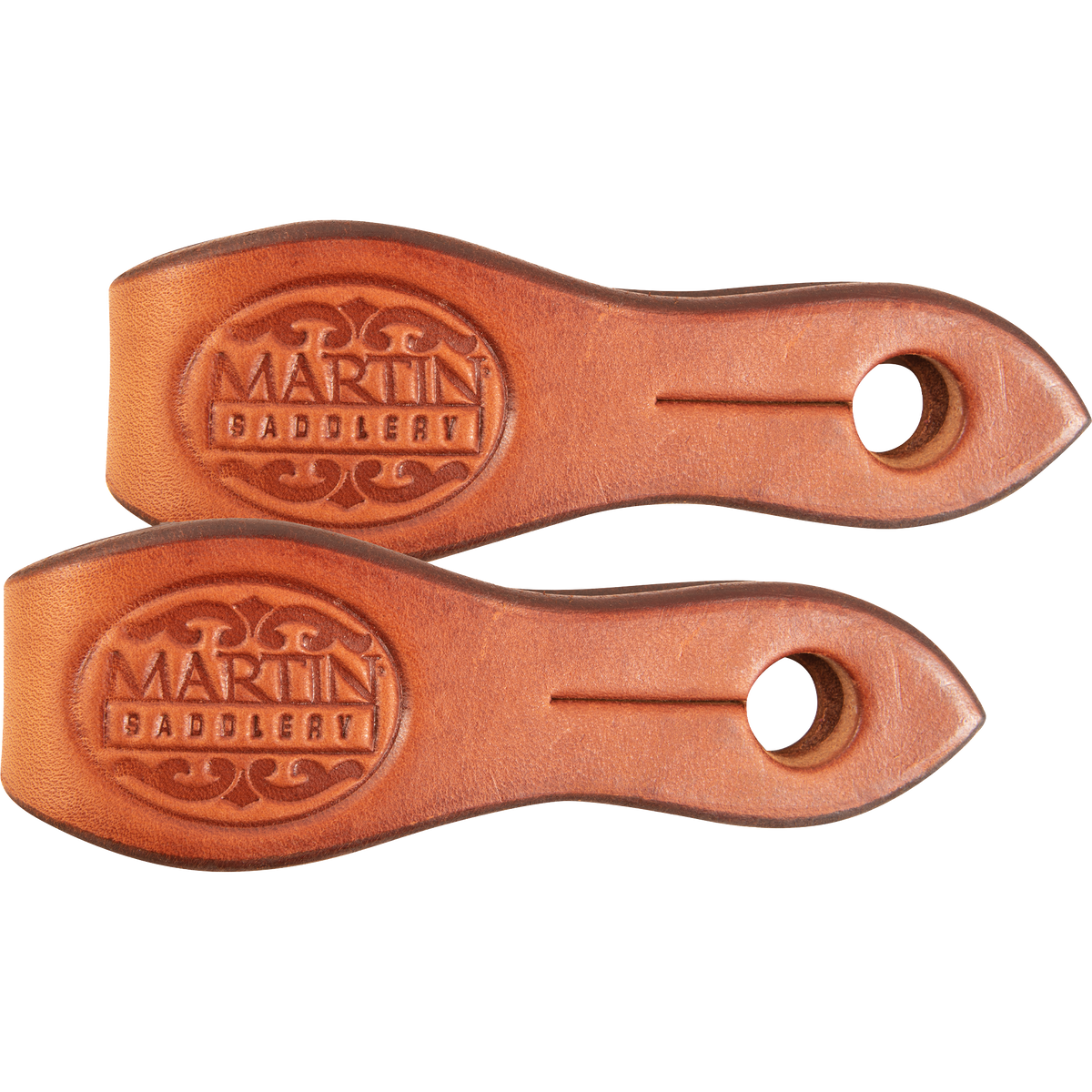 Medium chestnut slobber straps, laid side by side and seen from above. The Martin Saddlery stamp sits on the wide end of each strap, with a slotted hole at the point.