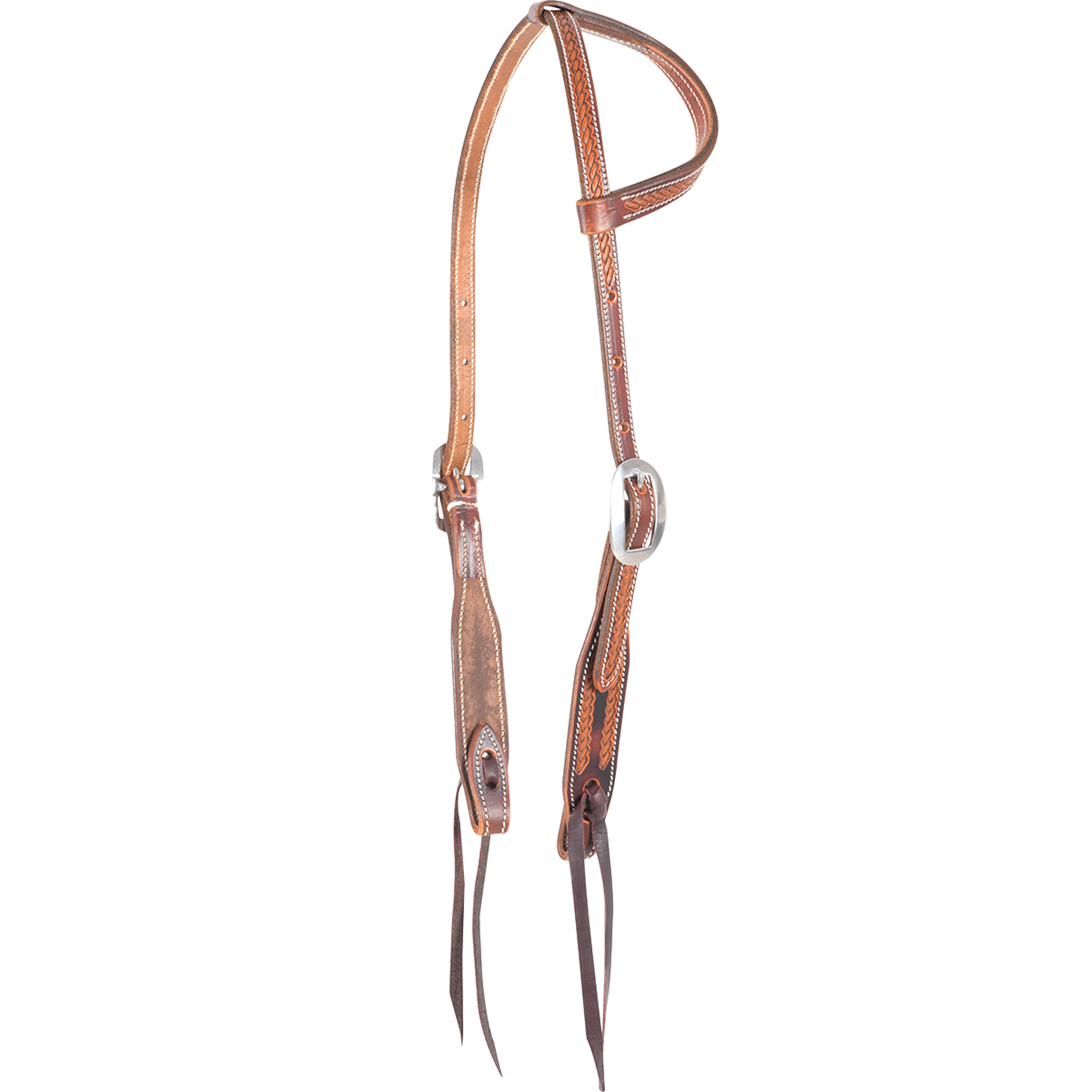 Chestnut slip ear headstall with rope tooling, seen from the front quarter. A rope border runs along the ear loop and shaped cheeks of the antiqued skirting leather, with cart buckles and bit ties.