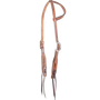 Chestnut slip ear headstall with rope tooling, seen from the front quarter. A rope border runs along the ear loop and shaped cheeks of the antiqued skirting leather, with cart buckles and bit ties.