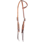 Chestnut slip ear headstall with rope tooling, seen from the front quarter. A rope border runs along the ear loop and shaped cheeks of the antiqued skirting leather, with cart buckles and bit ties.
