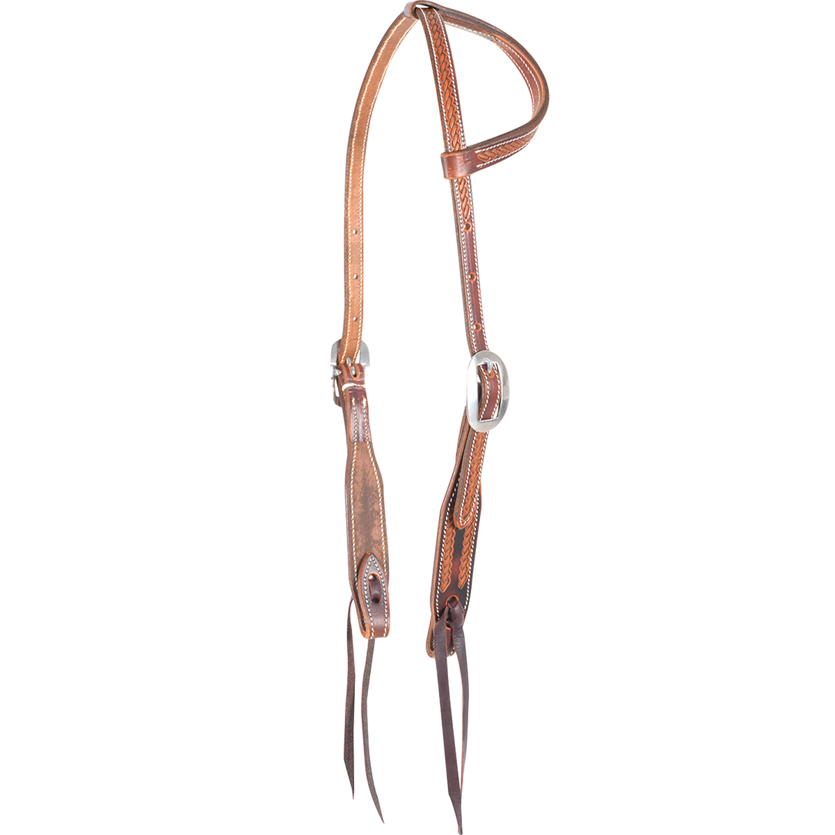 Chestnut slip ear headstall with rope tooling, seen from the front quarter. A rope border runs along the ear loop and shaped cheeks of the antiqued skirting leather, with cart buckles and bit ties.