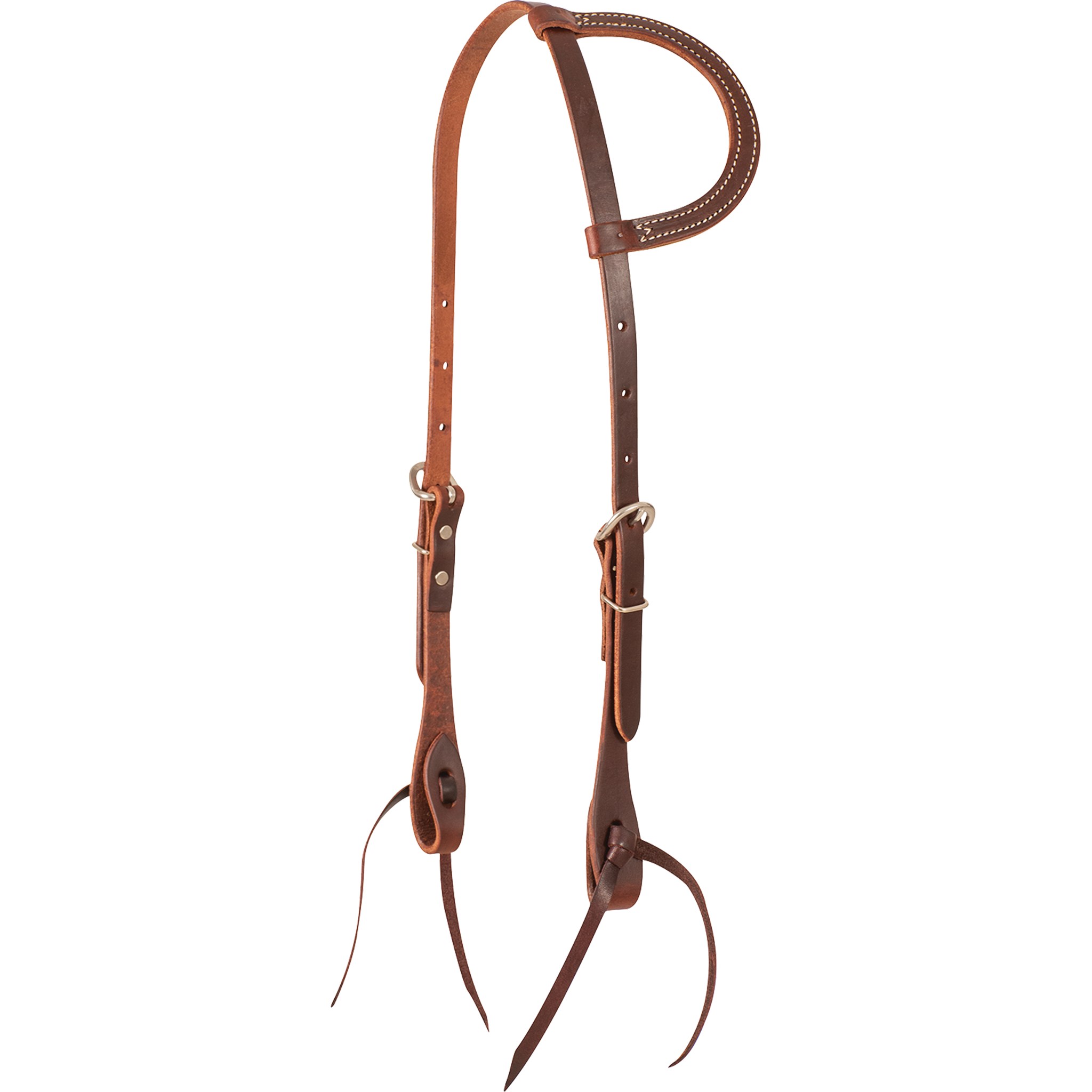 Chestnut slip ear headstall from the Martin Saddlery Value Series, seen from the front quarter. The 5/8-inch leather has a stitched ear loop, buckles on both cheeks and leather bit ties.