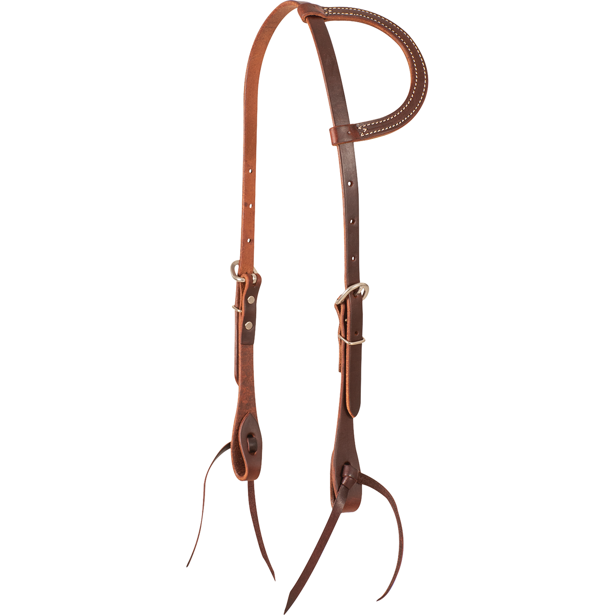 Chestnut slip ear headstall from the Martin Saddlery Value Series, seen from the front quarter. The 5/8-inch leather has a stitched ear loop, buckles on both cheeks and leather bit ties.