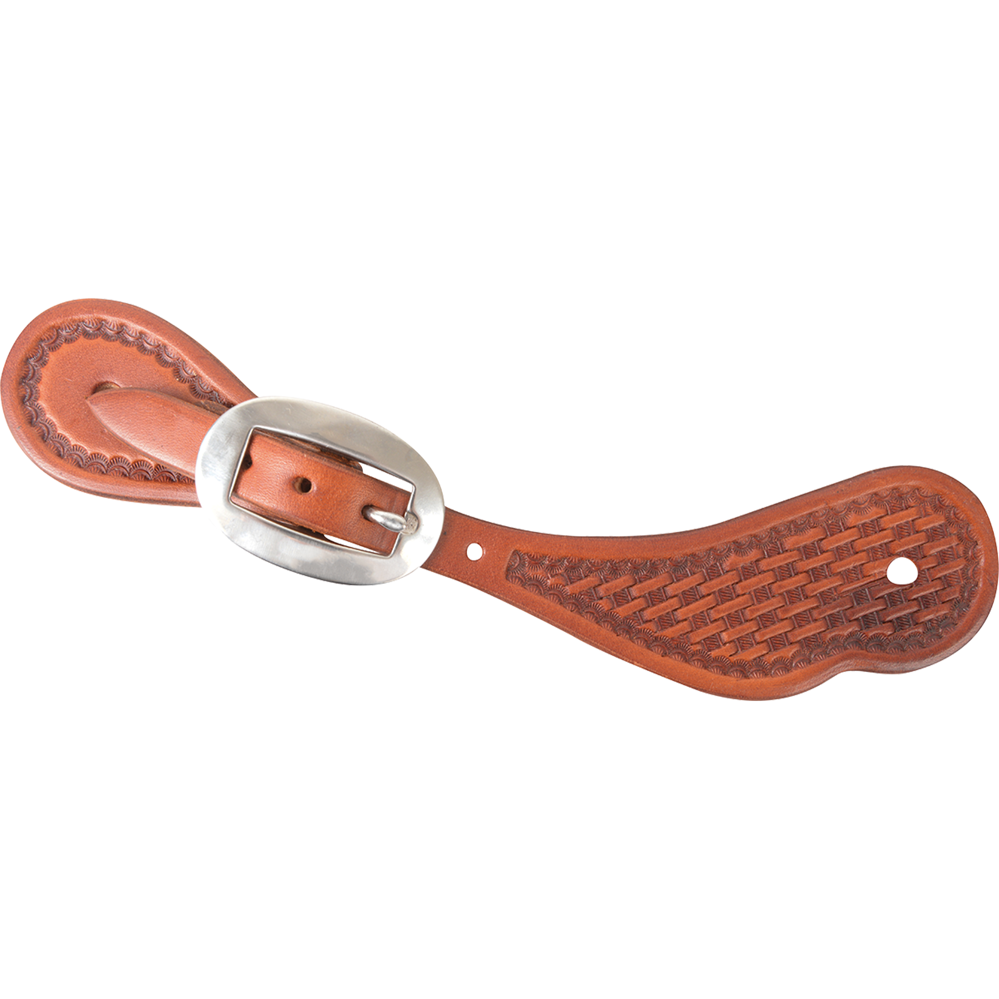 Chestnut skirting leather cowboy spur strap with mini basket tooling, seen from above. A stamped border frames the basket stamped end, and the strap fastens with a cart buckle.