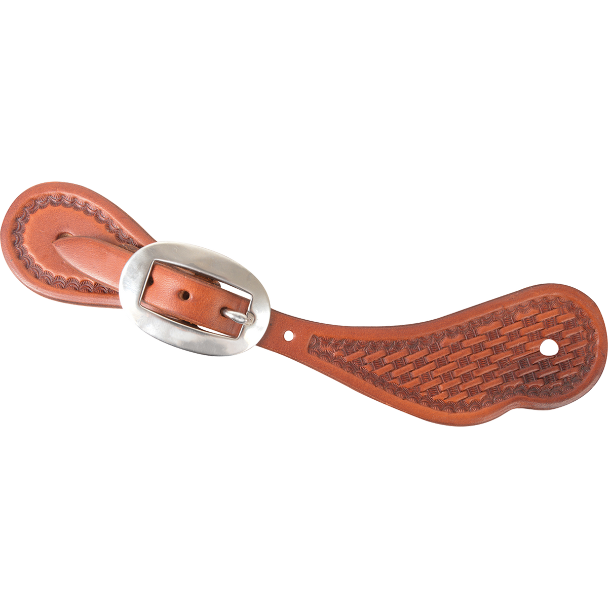 Chestnut skirting leather cowboy spur strap with mini basket tooling, seen from above. A stamped border frames the basket stamped end, and the strap fastens with a cart buckle.
