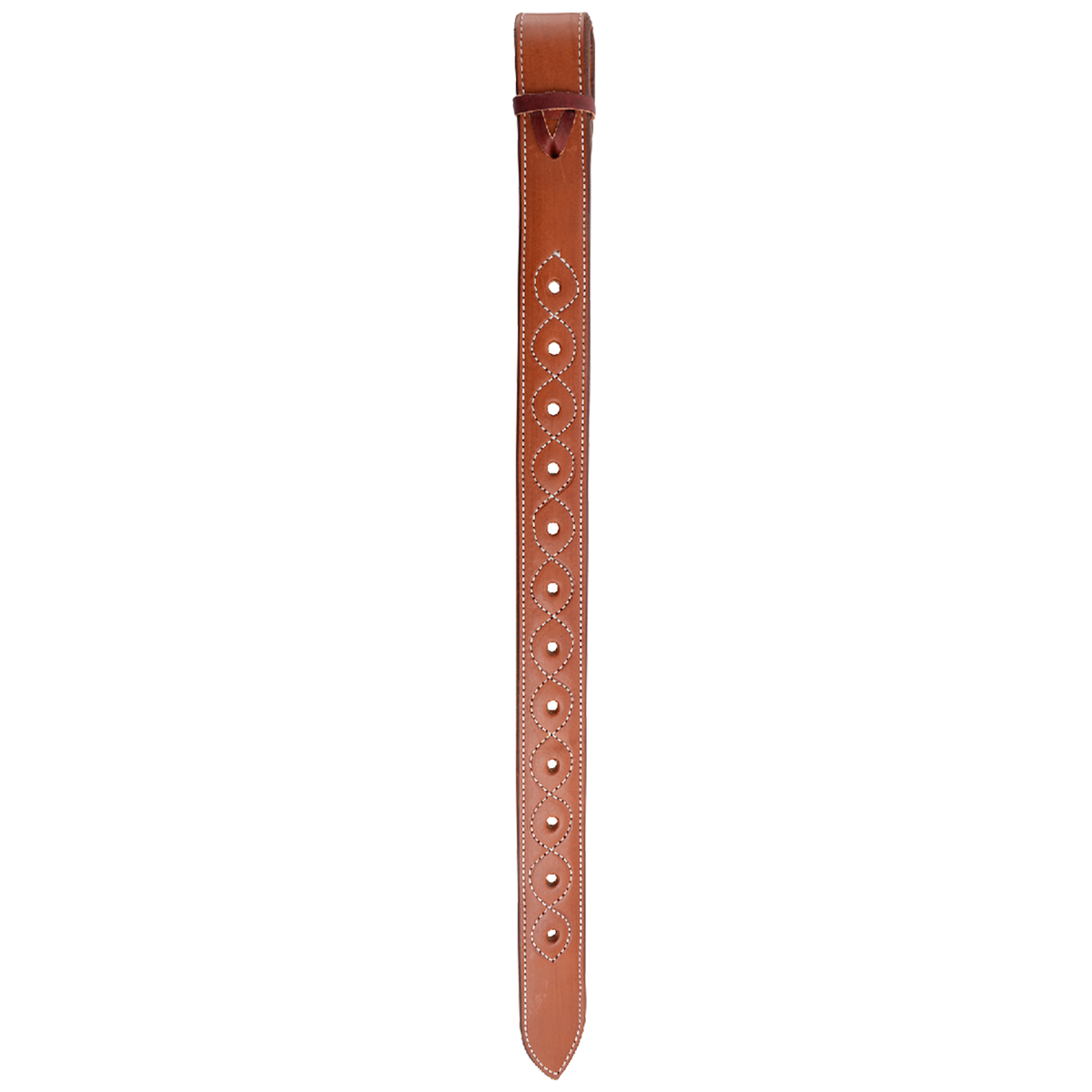 Chestnut standard flank billet from Martin Saddlery, hanging straight. The doubled and stitched skirting leather has a row of adjustment holes outlined in white stitching.