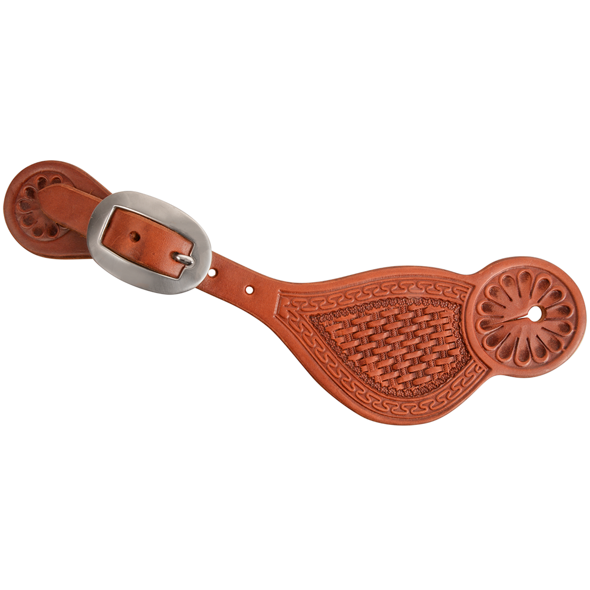 Chestnut Tombstone spur strap with San Carlos and basket tooling, seen from above. The chestnut leather has a basket stamped center, flower stamped ends and a stainless steel buckle.