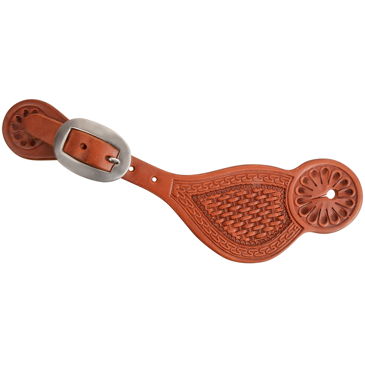 Chestnut Tombstone spur strap with San Carlos and basket tooling, seen from above. The chestnut leather has a basket stamped center, flower stamped ends and a stainless steel buckle.