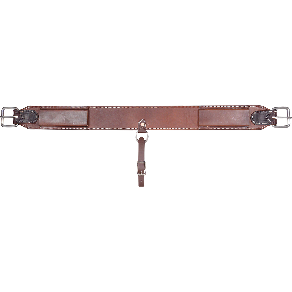 Chocolate 3-inch flank cinch from Martin Saddlery, laid out flat. The skirting leather cinch has stitched edges, roller buckles at both ends and a center hobble strap.