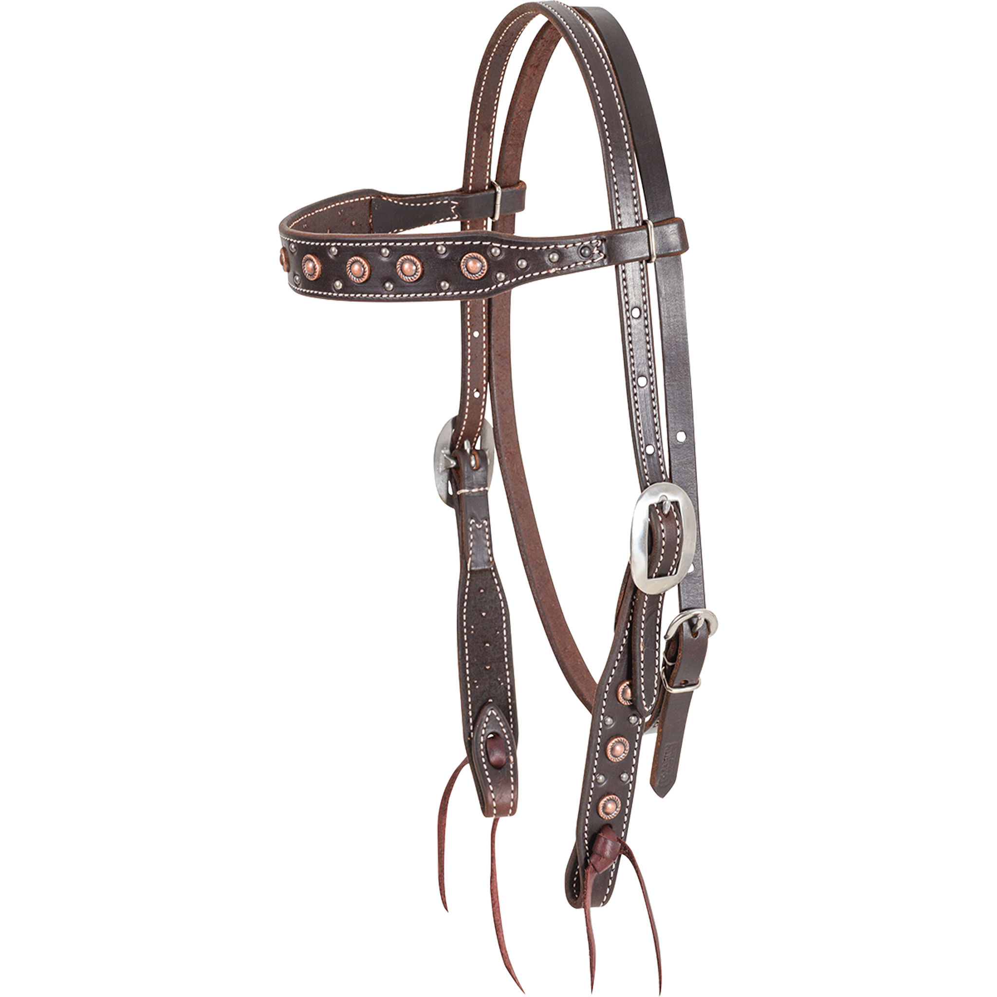 Chocolate browband headstall with rope edge antique copper dots, seen from the front quarter. The dots line the shaped browband and cheeks of the skirting leather headstall, which has buckles for adjustment and bit ties.