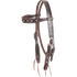 Chocolate browband headstall with rope edge antique copper dots, seen from the front quarter. The dots line the shaped browband and cheeks of the skirting leather headstall, which has buckles for adjustment and bit ties.