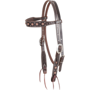 Chocolate browband headstall with rope edge antique copper dots, seen from the front quarter. The dots line the shaped browband and cheeks of the skirting leather headstall, which has buckles for adjustment and bit ties.