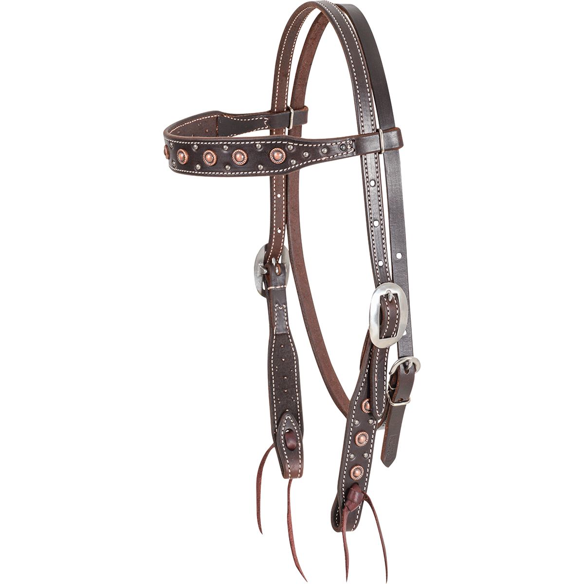 Chocolate browband headstall with rope edge antique copper dots, seen from the front quarter. The dots line the shaped browband and cheeks of the skirting leather headstall, which has buckles for adjustment and bit ties.