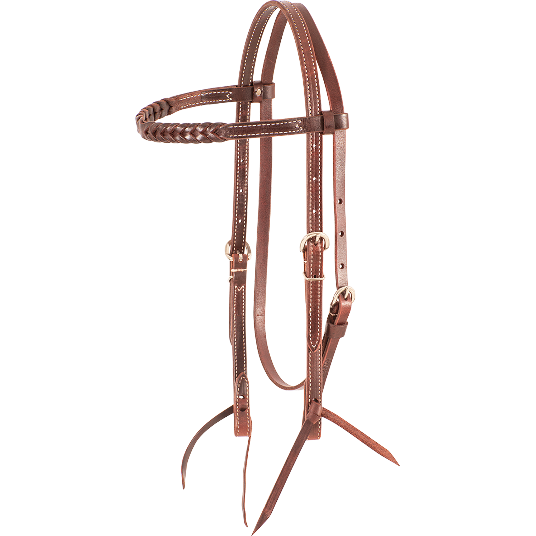 Chocolate browband headstall with blood knots, seen from the front quarter. A row of blood knots runs along the browband of the 5/8-inch latigo leather headstall, with stainless steel buckles and bit ties.