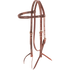 Chocolate browband headstall with blood knots, seen from the front quarter. A row of blood knots runs along the browband of the 5/8-inch latigo leather headstall, with stainless steel buckles and bit ties.