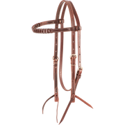 Chocolate browband headstall with blood knots, seen from the front quarter. A row of blood knots runs along the browband of the 5/8-inch latigo leather headstall, with stainless steel buckles and bit ties.